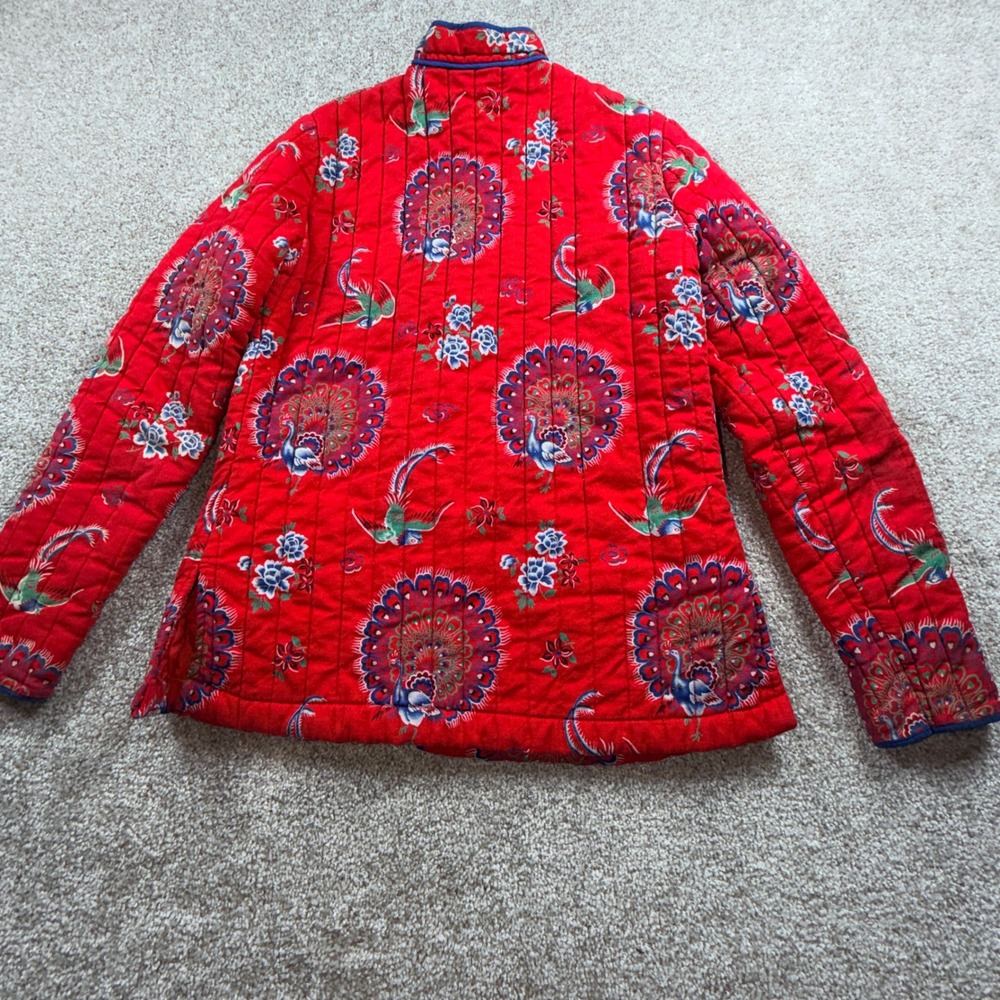 Vintage Cathay Red‎ Quilted Peacock Print Toggle Jacket Mandarin Collar Small - Picture 3 of 13